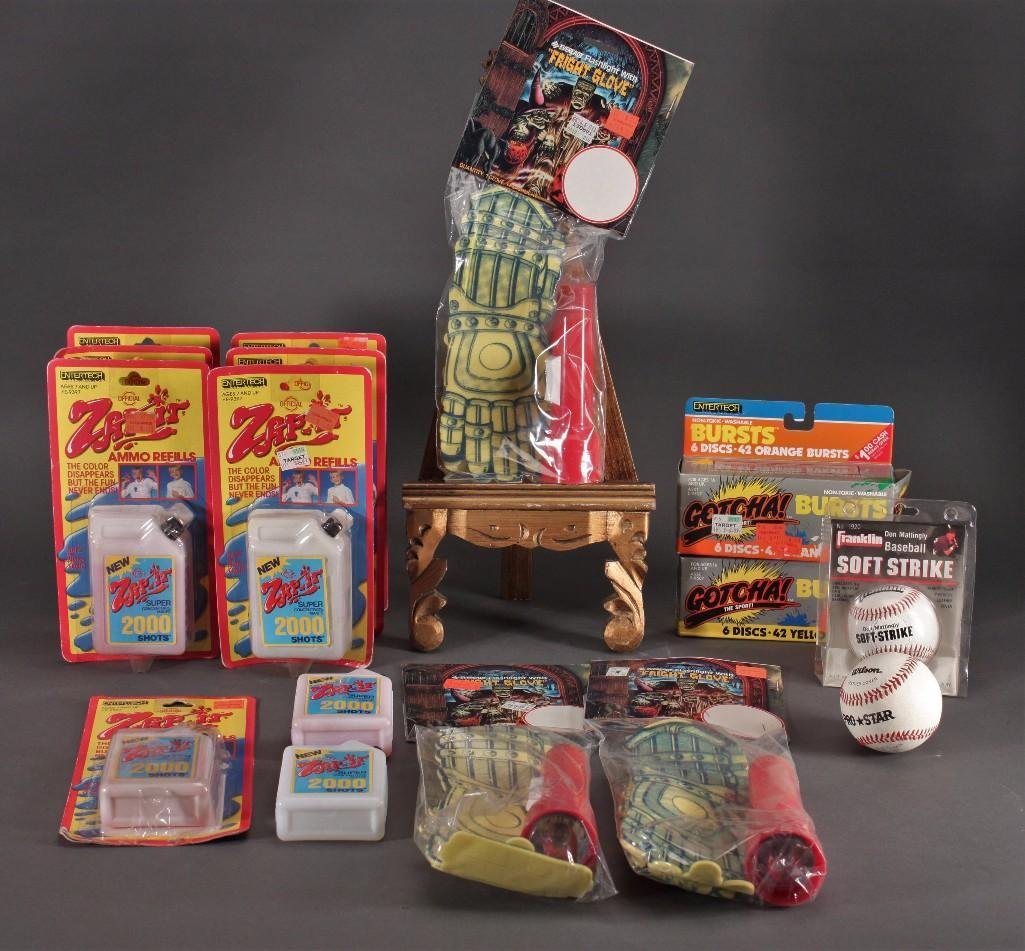 Vintage Toys: Seven Zap it ammo refills, Franklin soft strike baseball, Eveready fright glove, Gotcha Bursts, and more.