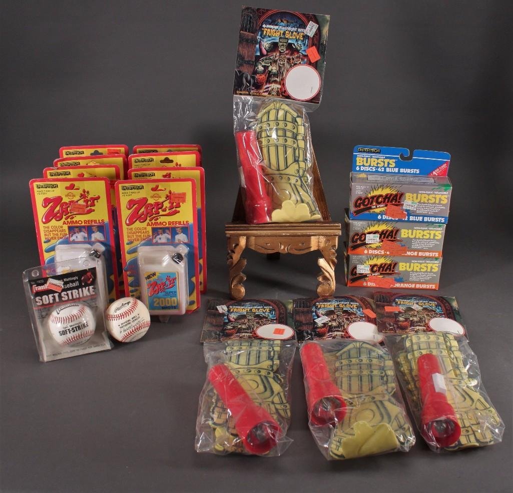 Vintage Toys: Zap-it ammo refills, Bursts 6 disc's42 blue bursts, Franklin soft strike baseball,Fright glove, and more