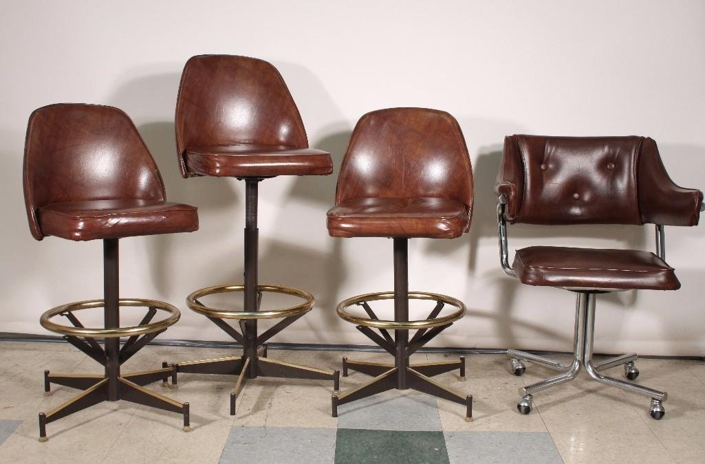 Vintage Vinyl Upholstered Chairs(4): Three Barstoolsmade byDouglasofCalifornia35" tall and 16" seats. Oneswivel styleGenuine Douglas original rolling dinning chair 32" tall and 16" seat, chairs show some age and wear otherwise in good co