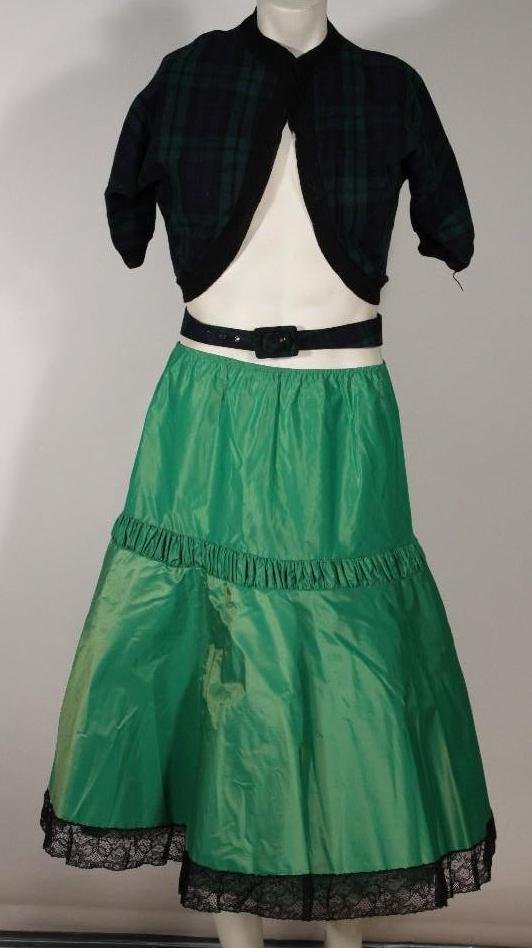Vintage Sweater and Skirt: Green skirt with attached petticoat and aGlentexcropped sweater size S with matching waist belt, in good condition.