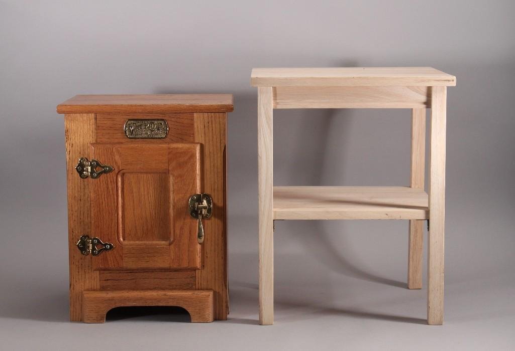 Wine Rack & Side Table: Two tiered Blonde wood side table marked 'made in Vietnam', measures 20"x16"x14". Novelty wine rack is markedWhite Clad Simmons Hardware Co. measures 18"x14"x11.5", one cabinet door plus top opens, ho