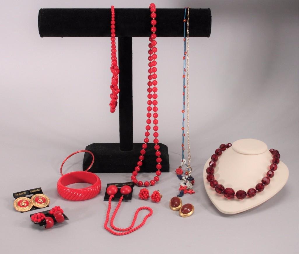 Red Beaded Fashion Jewelry: Nice assortment of plastic beaded necklaces, bracelets, pierced and clip on earrings.