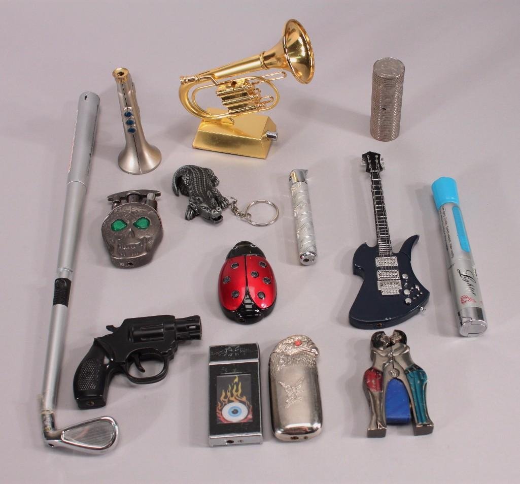 Novelty Cigarette Lighters (14): Nice selection includes electric guitar, brass horn, golf club, skull, and more.