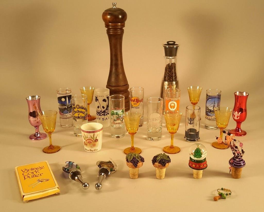 Vintage Barware: Two glass loving cup shot glasses (red and pink), The New Orleans School of Cooking double shot glass, San Antonio double shot glass, Giant Pandas double shot glass, decorative wine corks, and much mo