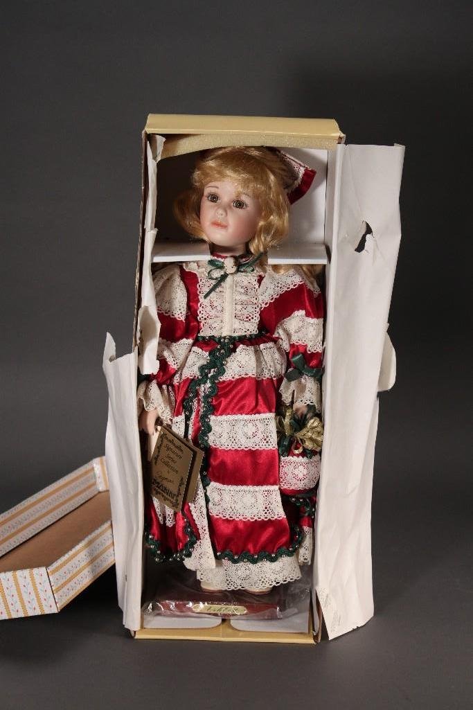 Seymour Mann Porcelain Christmas Doll: 19" tall porcelain doll from the Connoisseur Collection. In original box.