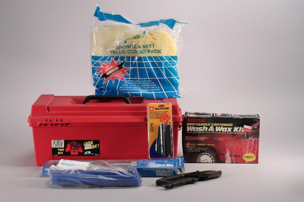 Tool Box and Hardware: Red Plano TNT 611 plastic tool box Campbell Hausfeldengine cleaning gun, Turbo Tek wash & wax kit, Craftsman utility cutter, car wash sponges, and more.