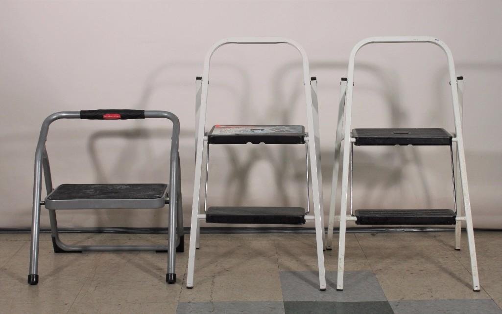 Step Ladders (3): Two 2-step skinny mini step light weight step stools model HSP-2W and a Rubbermaid one step stool RM-WF in good condition.