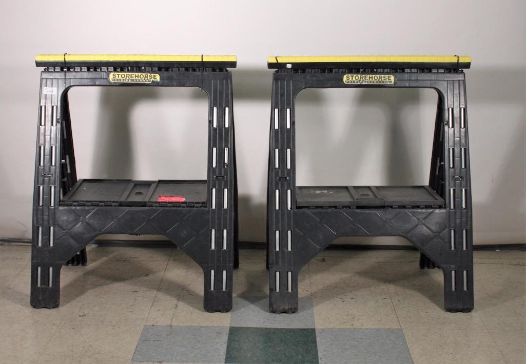 Folding Sawhorse: Store Horse folding sawhorse, in good used condition, folded up sawhorse measures 37.5'' x 30'' wide.