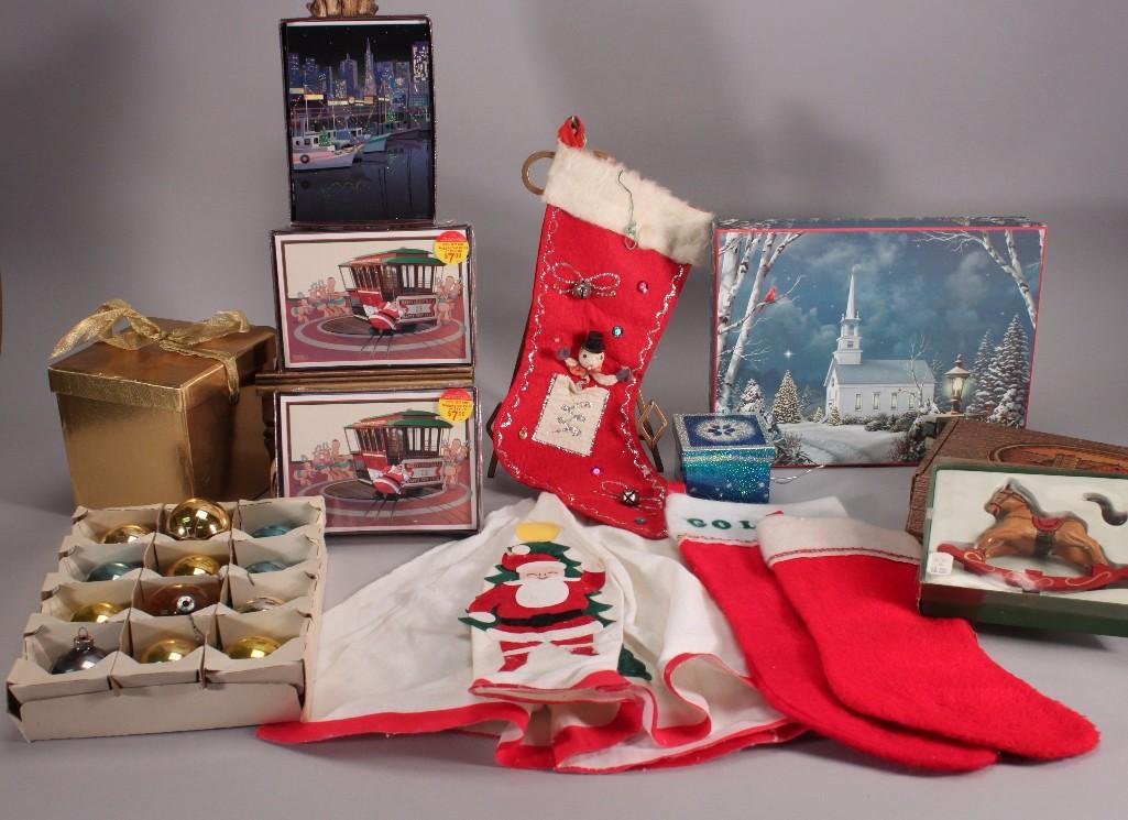 Vintage Christmas Cards & Decor: Kersteen Brothers Christmas Collection greeting cards (3 boxes), rocking horse ornament, assorted tree ornaments, decorative boxes, stockings, and more.