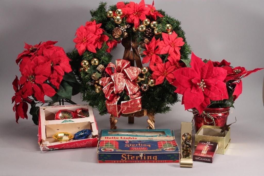 Christmas Wreath & Vintage Christmas Decor: Poinsettia wreath has 20" diameter, faux poinsettia plant and in pot, vintage Christmas tree lights, wreath hanger, vintage ornaments, and more.