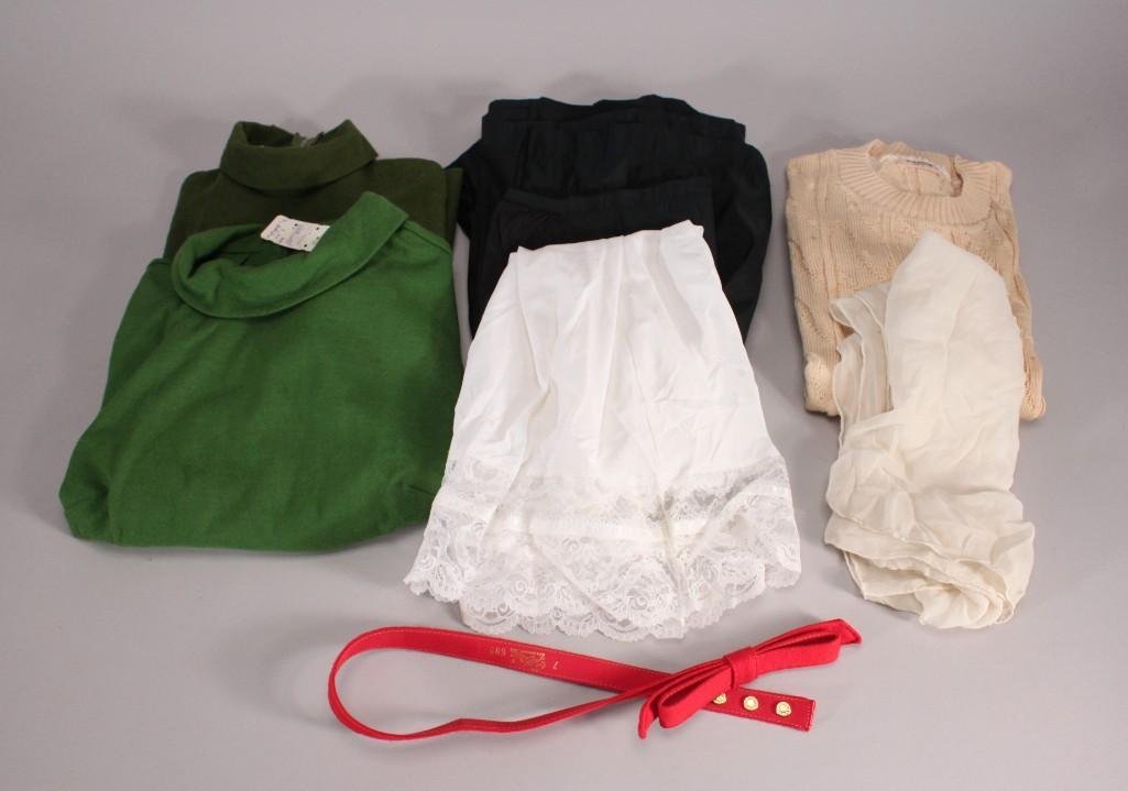 Ladies Vintage Slips and Sweaters: Two black (size XL) and one white with lace (size large) ladies vintage slips (Warners paper tags still attached), tan Arrow size small short sleeve sweater (has come discoloration), red belt, green P