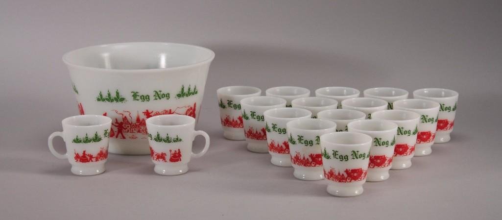 Vintage Milk Glass Egg Nog Party Bowl & Cups (18): Bowl has a 9.5" diameter and is 6" tall, has a red and green Victorian Christmas scene aroundthe outside; cups are 3" tall with the same scene around the outside.