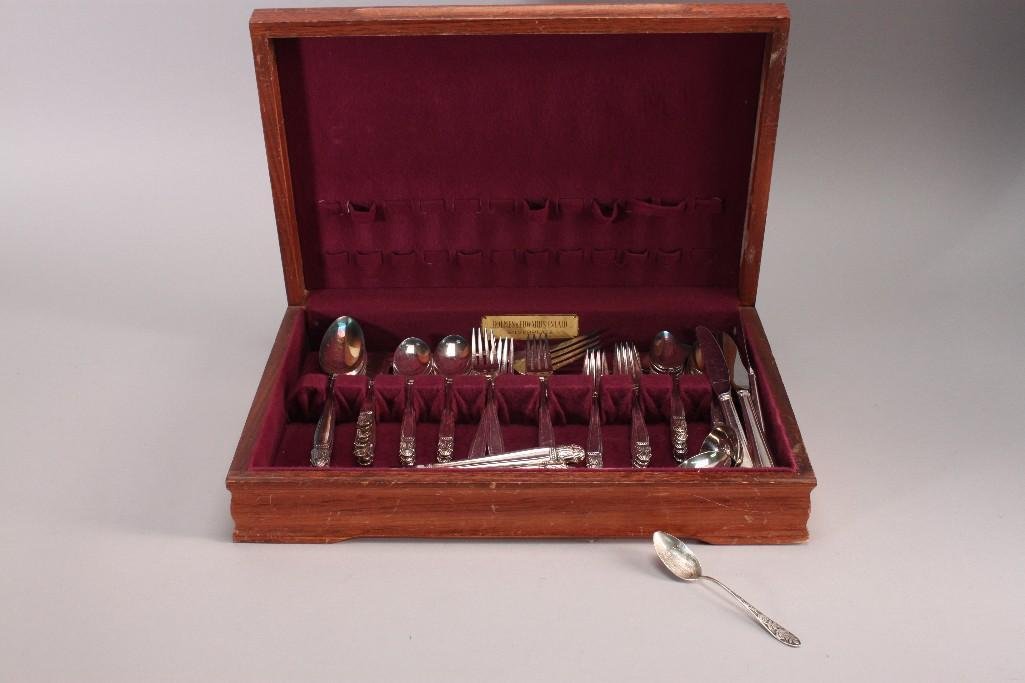 Holmes & Edwards Inlaid Silver Plate Flatware Set: 67 piecevintage flatware set is marked Holmes & Edwards I S, design name Danish Princess, comes with flatware box. Also includes one Portland Oregon sterling silver collectors spoon. Shows a little ag