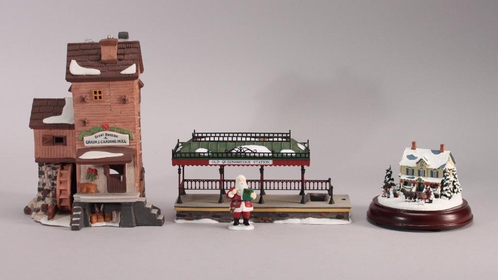 Christmas Town Houses (3): Victorian Lights: Christmas Eve Thomas Kinkadeselectriclight up house figure, a 8" Dept 56 Great Denton Grain & Carding Mill figure (chimney has been repaired), a Dept 56 QueensbridgeStation figure, a
