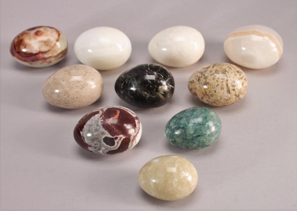 Marble Decorative Eggs (10): All are 3" long with assorted colors and designs, good condition.