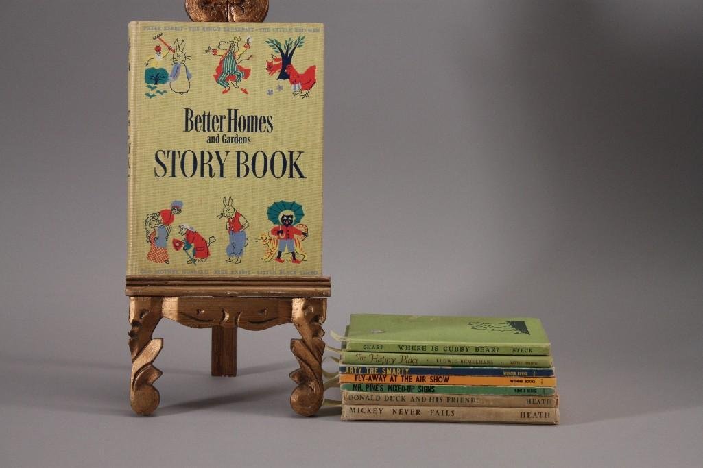 Vintage Childrens Books (8): 1939 Donald Duck and His Friends, 1939 Mickey Never Fails, 1950 Where is the Cubby Bear?, 1952 The Happy Place, Arty The Smarty, and more. In good used condition.