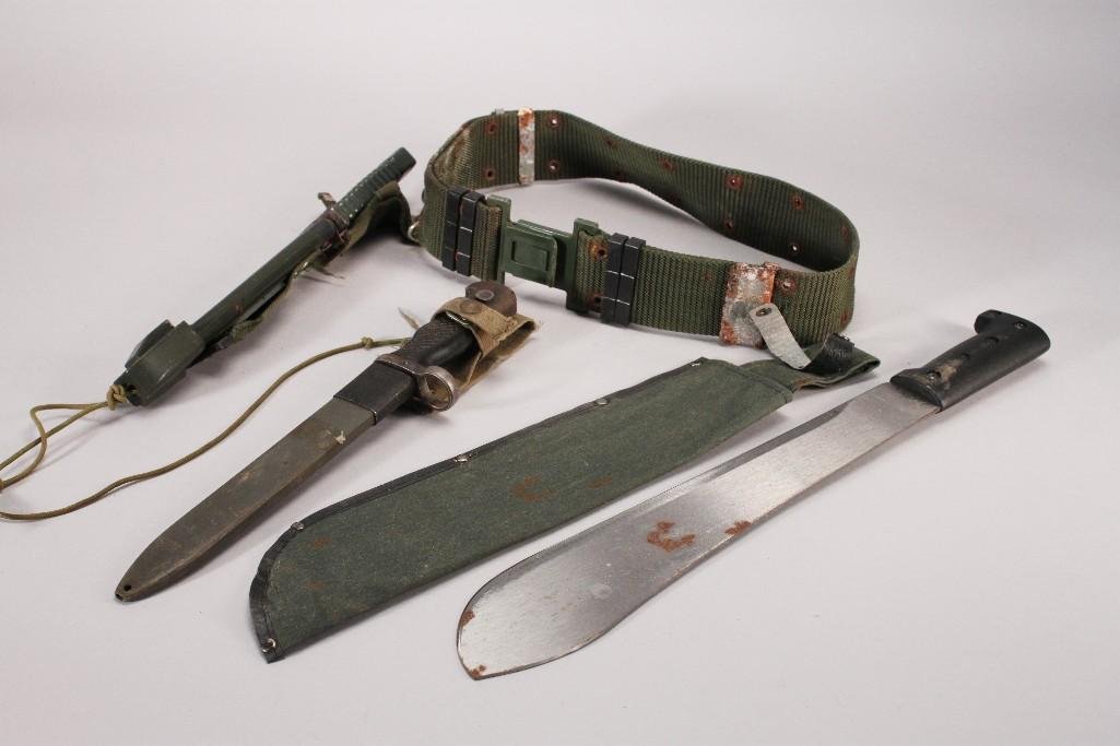 WW1 German Bayonet & Machete (3): StansportTaiwanmachete with canvas sheathmeasures 19.5", a 14" WWI German bayonet in holster and another unmarked 12" knife on belt holster. Items show age and wear.