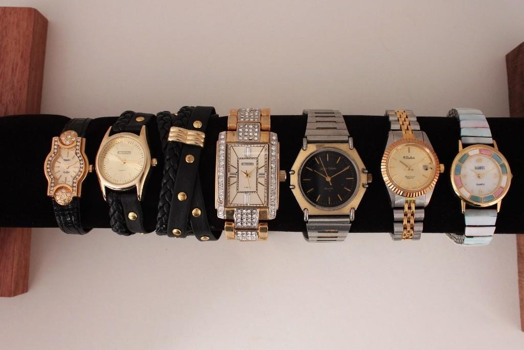 Ladies Fashion Watches (6): Silver tone and goldtone and black bands, brands include Sergio Valente, R. J. Graziano, Badavici, and Dufonte by Lucien Piccard.