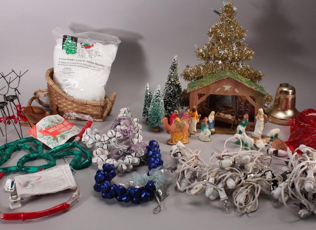 Christmas Decorations & Lighting: Christmas Light Sculpture in the shape of a candy cane with a bow, metal wire reindeer candle holders (3), white lights, tinsel Christmas tree, powder snow, bell, bell candy canes, vintage nativity sc