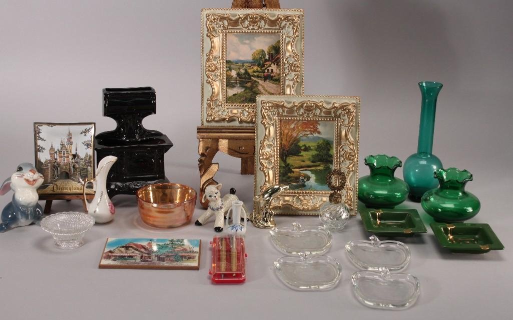 Vintage Souvenirs & Glass Collectibles: Disneyland ashtray, apple shaped ashtrays, New Orleans porcelain vase 4.5" tall, ceramic lamb, 2" floral design vase, glass and brass perfume bottle, gold tone decorative dolphin, ceramic kitchen stov