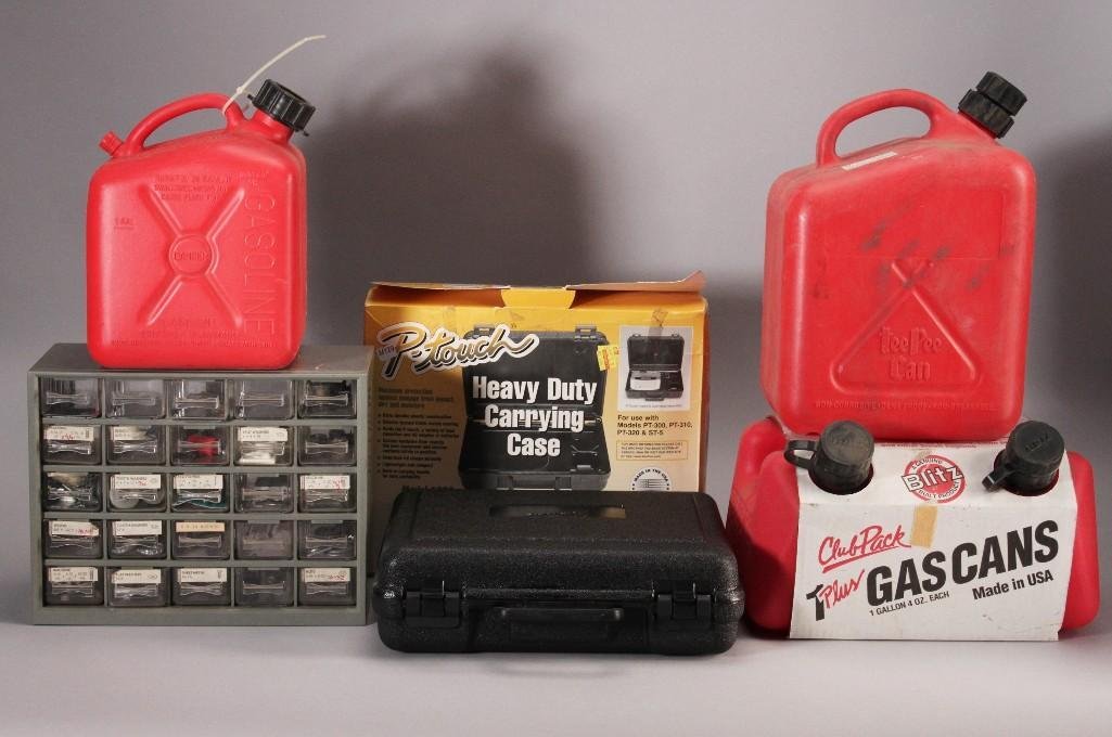 Hardware and Gas Cans: 25 drawer compartment box with screws, washers, bottle caps, furniture pegs, and more, four plastic gas cans, (three 1 gal and one 2.5gal), and more.