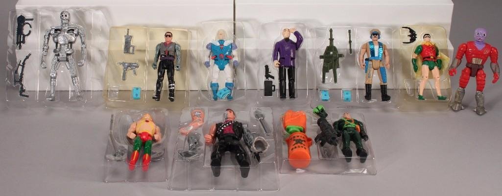 Vintage Action Figures (10): Action figures are missing back card from original packaging (only includeplastic bubble to package), action figures include Lex Luther, 1988 DC Robin, 1988 He Man action figure, and other unknown act