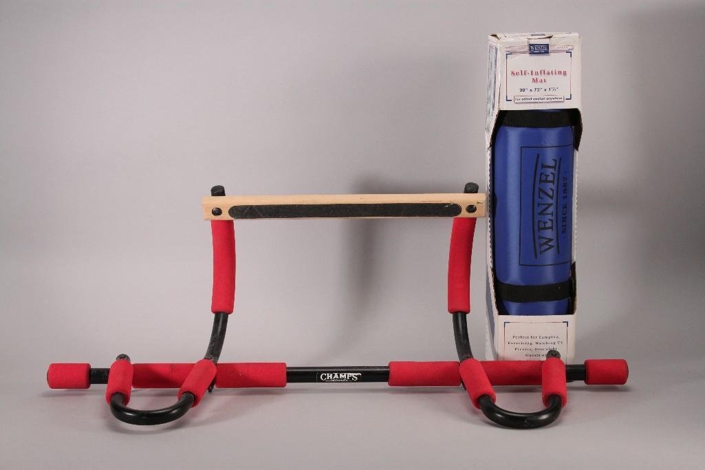 Workout Equipment (2): Champs Sports Pull up bar (shows age and wear) and a Wenzel self inflating mat (for camping, working out, picnics, and more).