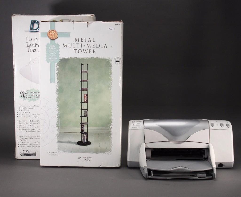 Office Supplies (3): Dana halogen lamp, metal multi media tower, and a HP Hewlett Packard Desk Jet 990 Cse printer.