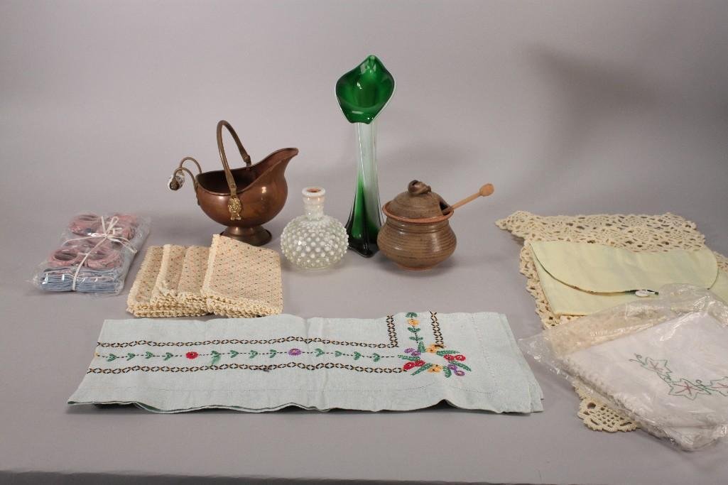 Vintage Home Decor: Hand blown glass vase stands 11.5" tall, copper pot, honey jar with lid and wooden spoon, embroidered towels, napkin rings, napkinset, and more.