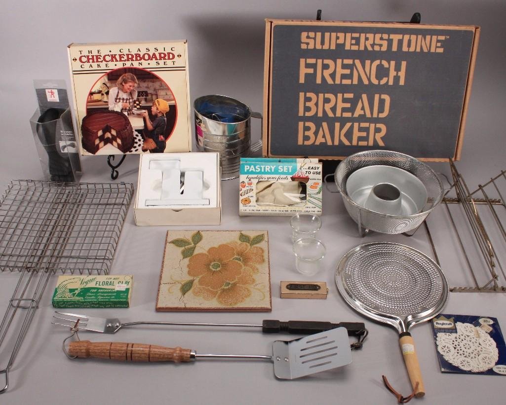Kitchen Baking Accessories: French bread maker, Ateco Pastry set, checkerboard cake pan set, knife sharpener NIB, flour sifter, Henckels knife sharpener (new), spatula, and more.