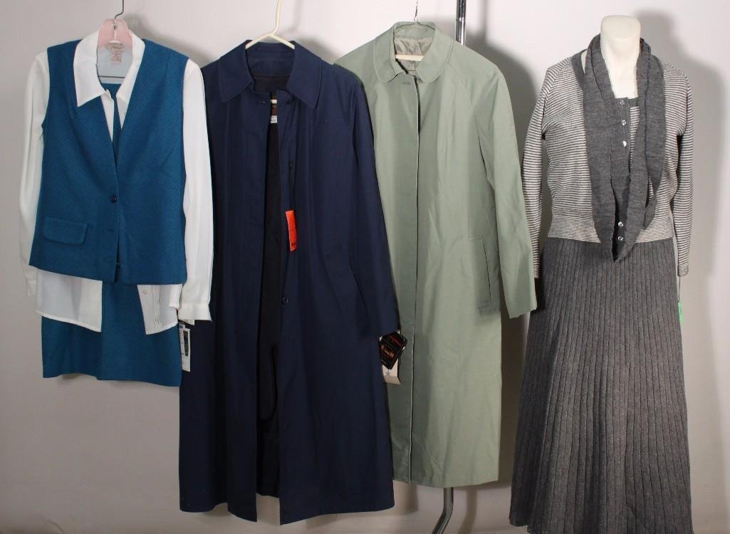 Ladies Vintage Clothing (4): Kimberly Knitwear wool and nylon gray skirt with matching sweater and belt size not listed NWT, Hollywood Casuals green and blue striped polyester skirt suit size 10 andFashion Attitudes white blouse