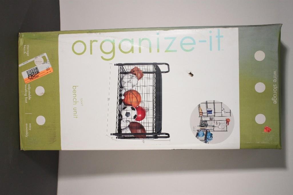 Sport Bench Unit Organizer: Organize-It wire storage sport bench unit, measures 36" x 27" x 14", assembly required, new in original packaging.