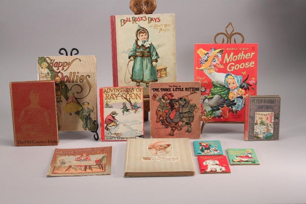 Vintage Children's Books (12): When Mother Was A Little Girl, 1904 Adventures of ABC, 1923 Adventures of Ray Coon,1914 Happy Dollies, A New Playmate, When I Grow Up, A Little Mother Goose book, and more. Books shows age and wear.
