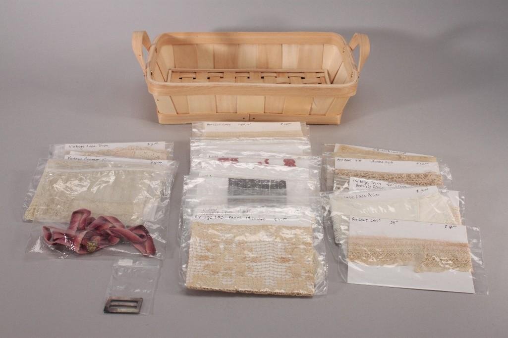 Vintage Lace and Trim: 42" butterfly design trim, lace collar, sequin lace, tatted lace, lace trim, and more. Also includes basket. Items are in good used condition.