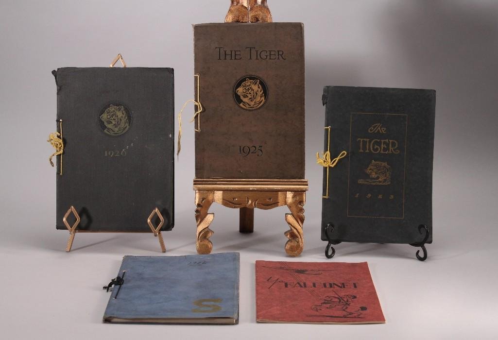 Vintage Yearbooks (5): 1923 The Tiger L.C.H.S. yearbook, 1922 Logan County High School yearbook, 1938 Castlemont High School yearbook (with signatures), 1925 Logan Count High School yearbook, and a 1923 The Tiger Sterling H