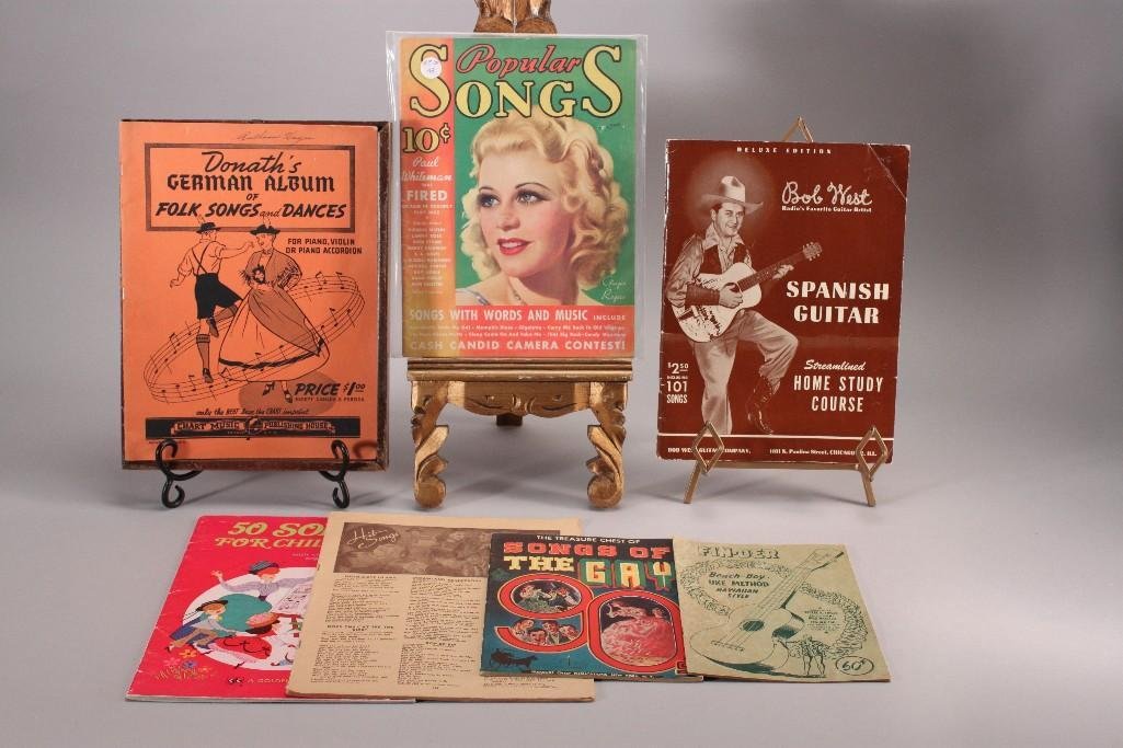 Vintage Music Booklets (7): Titles include Popular Songs April 1935, 1950 Fin-DerBeach-Boy Uke Method Hawaiian Style music booklet, 1943 The Treasure Chest of Songs of The Gay, Bob West Spanish Guitar, Donath'sGerman Album of Fo