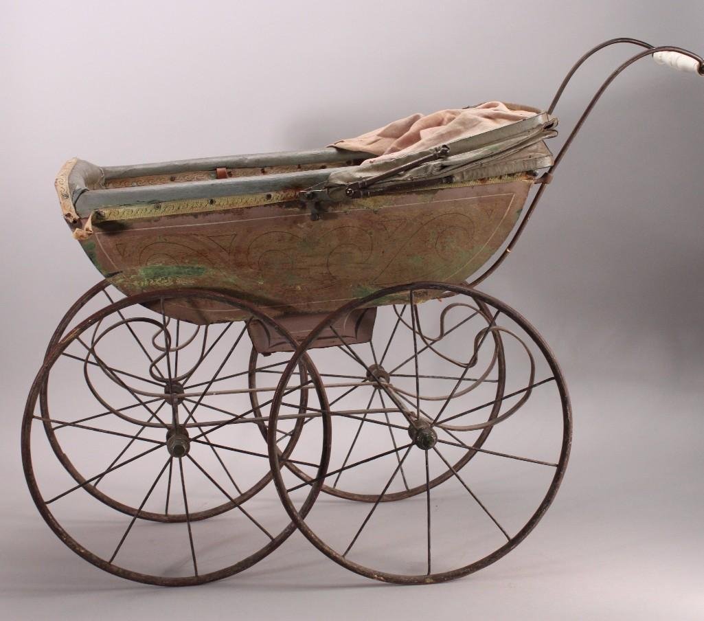 Antique Tin & Leather Doll Buggy (1 of 9)