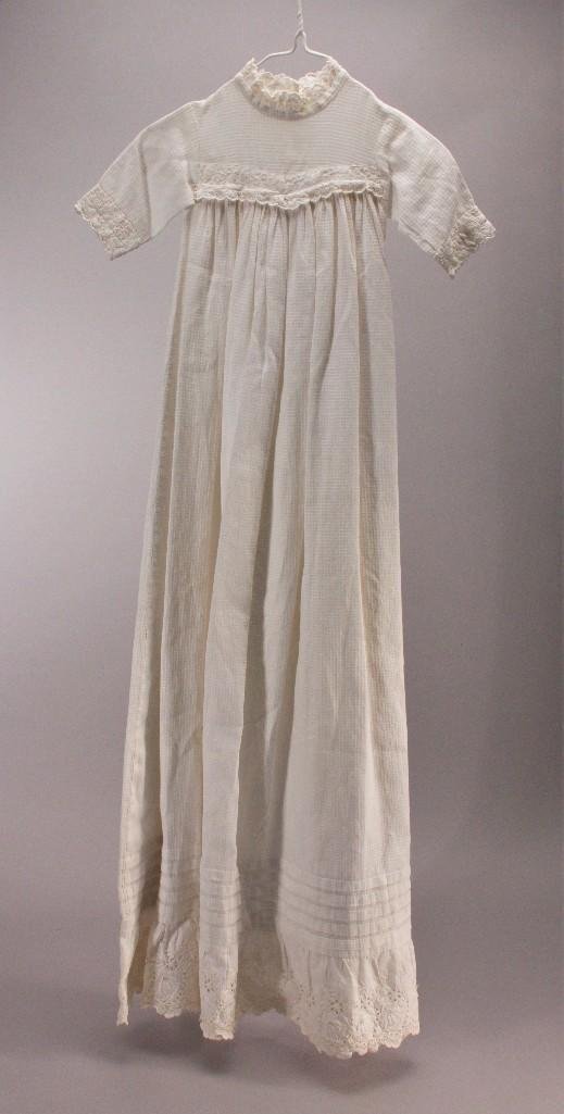 Vintage Christening Gown: 39.5 inches, Tinysquare white on white textured cotton gown Looks to be newborn up to 3 months size. 4 inch eyelet trim at bottom of gown, also lace collar and sleeves. No tears or holes.