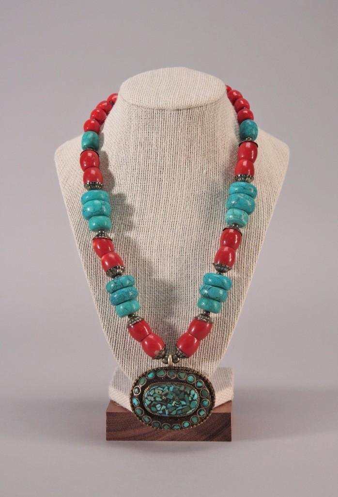 Ladies Turquoise and Red Beaded Necklace Pendant (1 of 6)