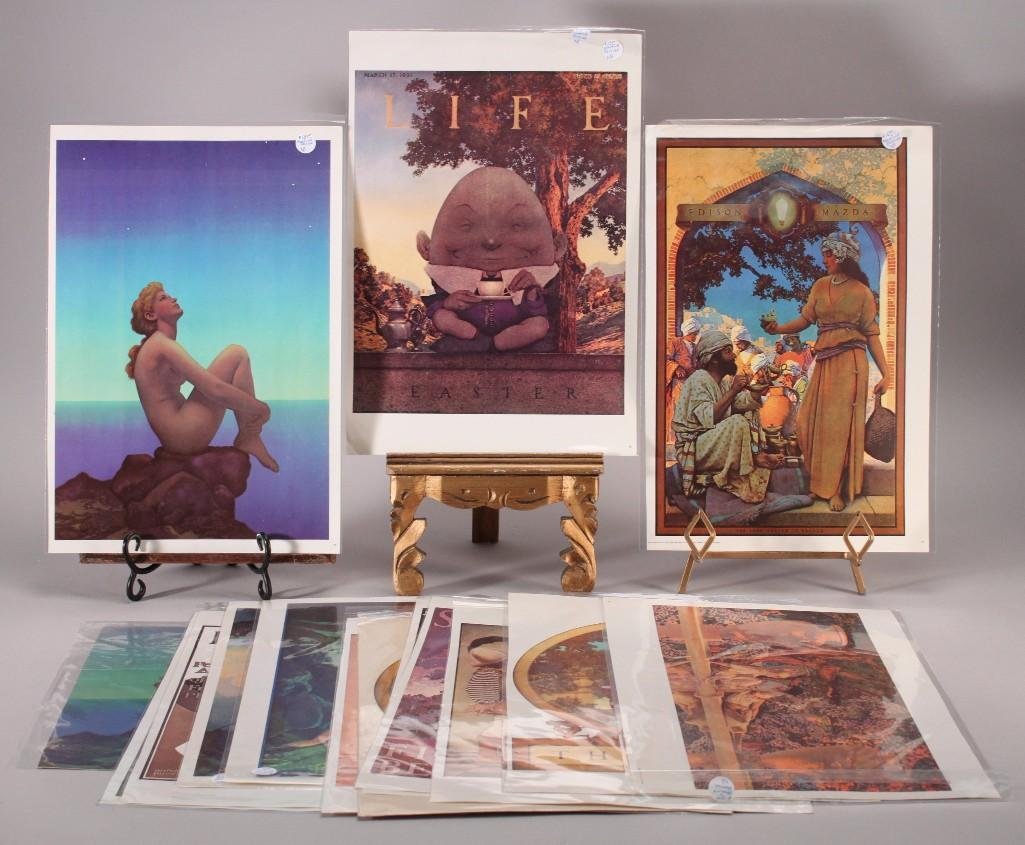 Maxfield Parrish Prints (15): Two "Stars" prints, Poster Show print, The End Print, Hearst's Magazine July 1912 print, Edison Mazda print, Scribner's fiction Num Ber. August print;Life Easter print, and more. Fourteen prints measu