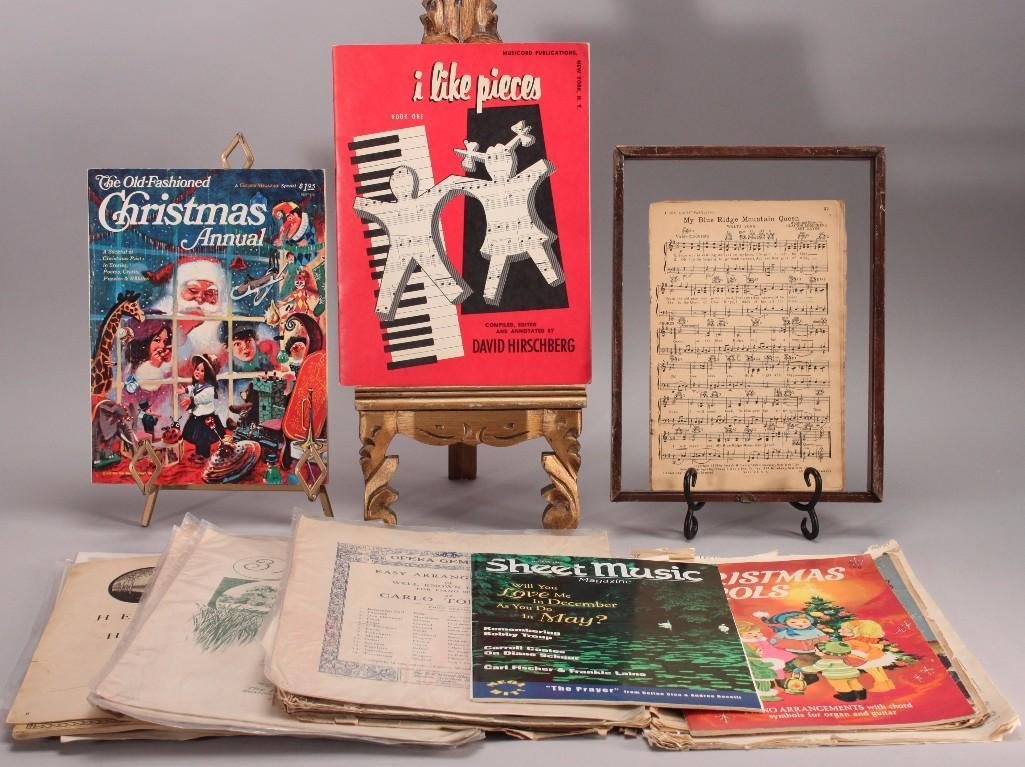 Vintage Sheet Music & Advertising: 1929 Charmante! sheet music, 1922 Travel Pictures for Piano sheet music, Berryland Farm paper hats, Dunbar for Modernadvertisement, Heller sheet music, The Christmas Tree Fairy sheet music, On The Bea