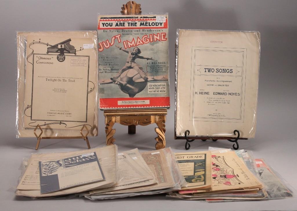 Vintage Sheet Music: Titles include 1928 Happy Days, Lonely Nights, Always in My Heart, Tell Me, The Desert Song, My Ohio Home, 1919 The Rosary, 1927 Arthur Sullivan Choral Music, and more.