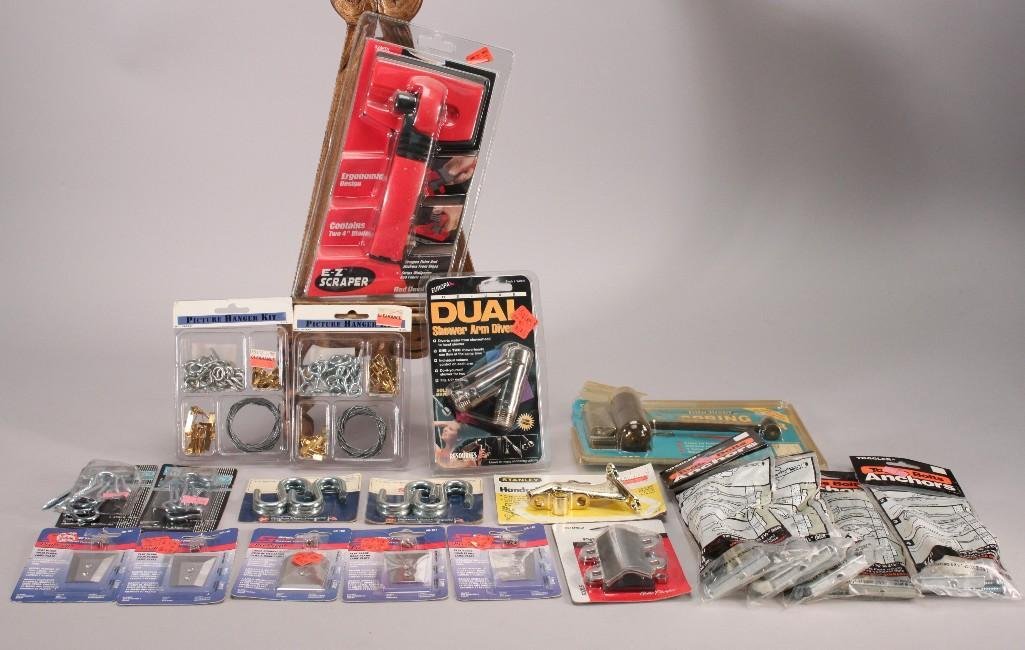 Hardware: Picture hanger kits, spring door closer, E-Z Scraper, Pro Prep flat blade, toggle bolt anchors, and more. Items are new in original packaging.