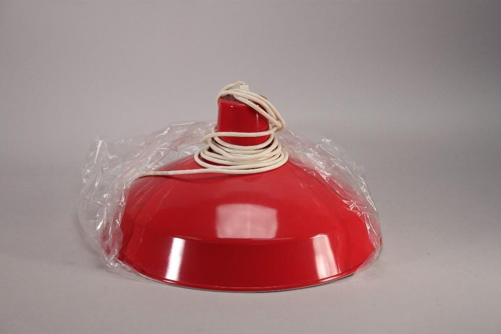 Metal Hanging Light Fixture: Red metal hanging light fixture, has 15" diameter, in new condition, includes bulb.