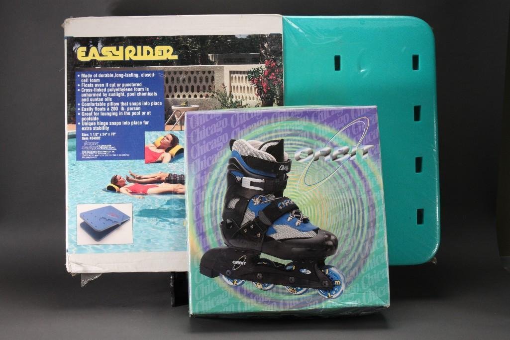 Roller Blades and Easy Rider Floatation Device (2): Orbit roller blades size 9M or 10 in women's NIB, style OT7, and The Floamfloating device for the pool.