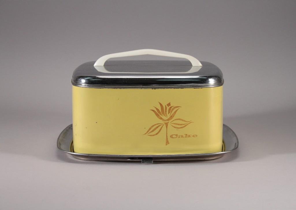 Lincoln Beautyware Chrome Cake Carrier: Vintage yellow chrome Lincoln Beautywaresquare cake pan/carrier, measures 6.5" x 12.5" x 12.5", shows age and wear.