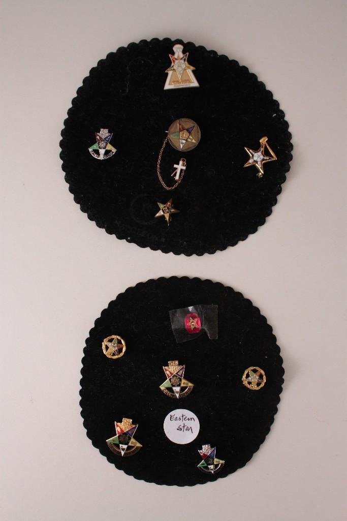 Eastern Star Pins (11): Gold tone and silver tone pins marked 125th Anniversary, 50 Years, California, and more. Items are in good condition for age.