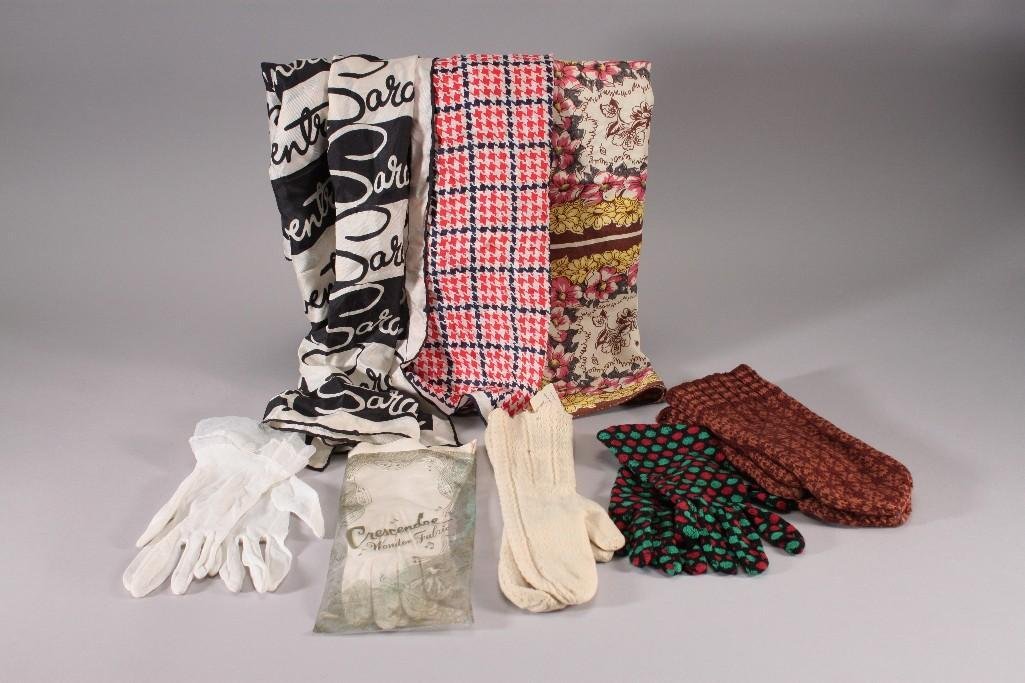 Vintage Scarves & Gloves: Brown knit mittens, white knit mittens, red and green polka dot gloves (some holes), white nylon dress gloves, Crescendoe ladies white dress gloves, Coventry black andwhite silk scarf, floral design s