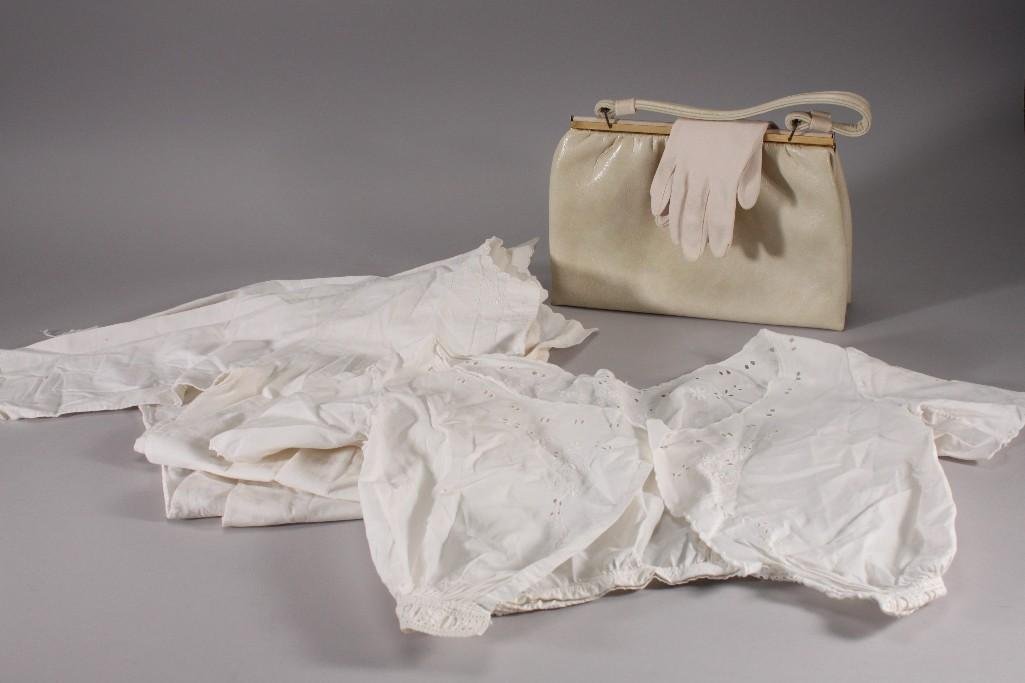 Ladies Vintage Accessories: White cotton night gown, white cotton under shirt, Crescendoenylon gloves size 7, off white handbag with gold tone trim; All items show some wear.