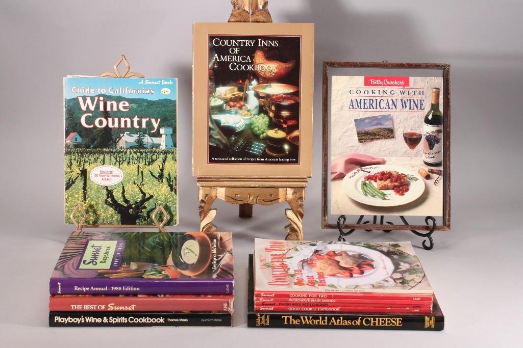 Vintage Cook Books (12): 1982 Guide to California's Wine Country, 1974 Playboy's Wine & Spirits Cookbook, The World Atlas of Cheese, 1987 The Best of Sunset, 1988 Sunset Recipe Annual, and more. Books are in good condition fo